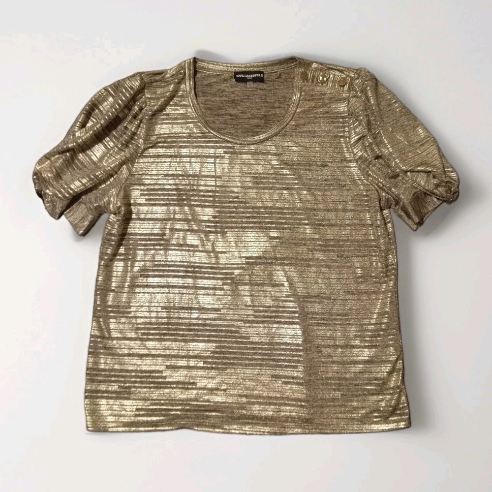 Karl Lagerfeld Paris Top Women Large Gold Metallic Puff Sleeve Shoulder Button